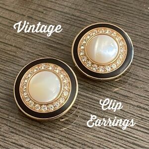 Vintage Button Clip Earrings, Black Enamel and Mother of Pearl Center